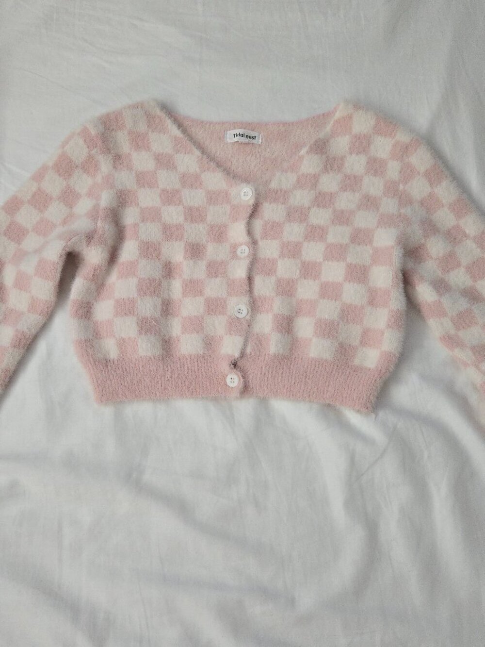 Pink and white checked gingham cropped knit
